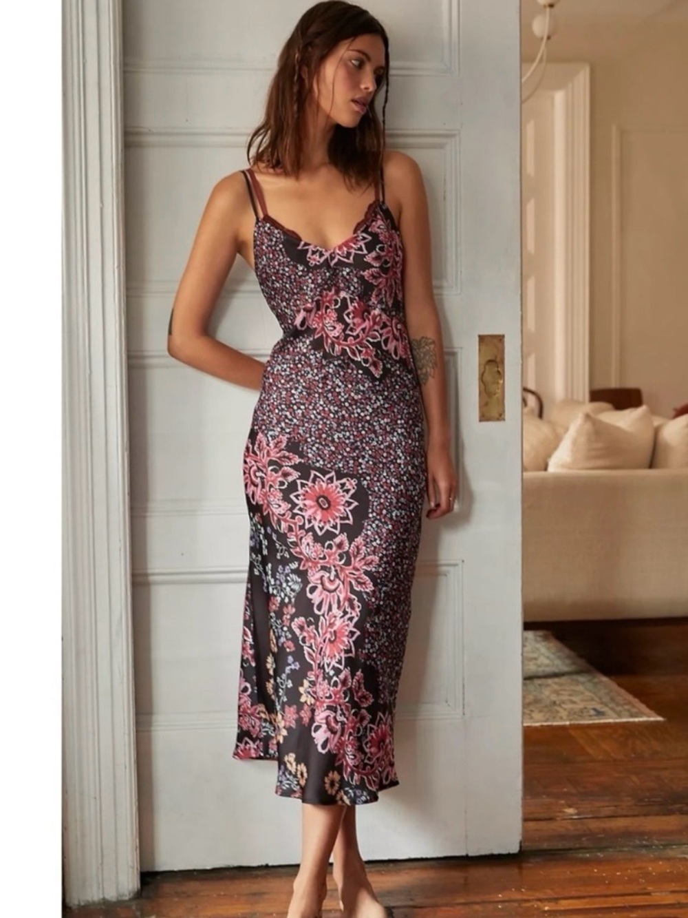 Free People Your Better Side Midi Slip Dress in Black Floral Medium NWT 90s Y2K